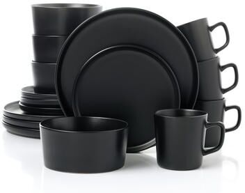 Lorren Home Trends Black Stoneware Dinnerware Set, 16 Piece, Service for 4, Microwave and Dishwasher Safe
