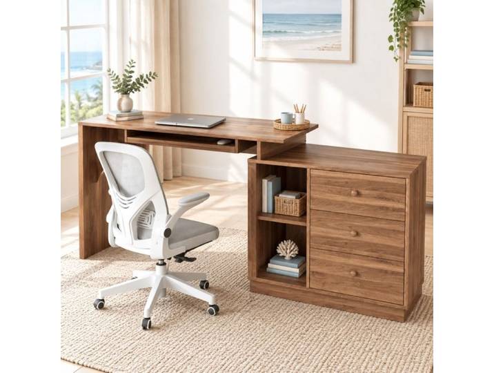 Bureau informatique extensible QAVRYL 110-188 cm avec 3 tiroirs niches et tiroir clavier MDF décor noyer