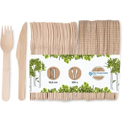 BIOZOYG 2x 100 Stück Einweg Besteckset 16,5cm Einwegmesser und Einweggabel aus nachhaltigem Holz biologisch abbaubar Holzbesteck Partybesteck