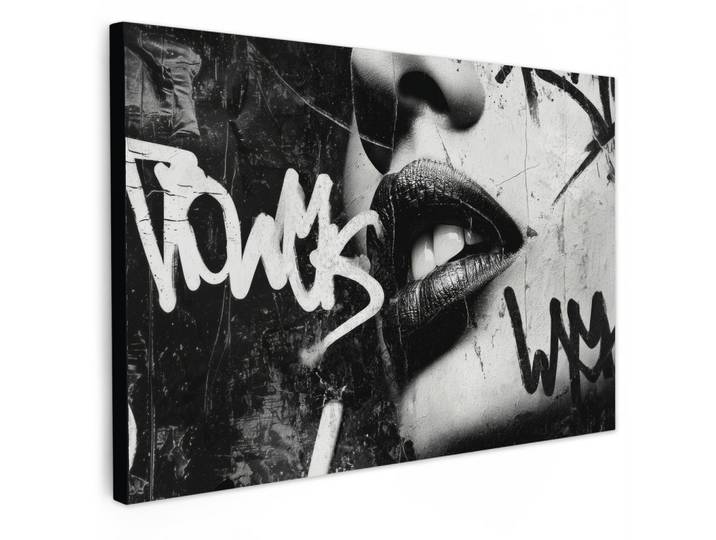 LEINWANDBILD Gesicht - Mund - Graffiti - Schwarz Gemälde 60x40 cm