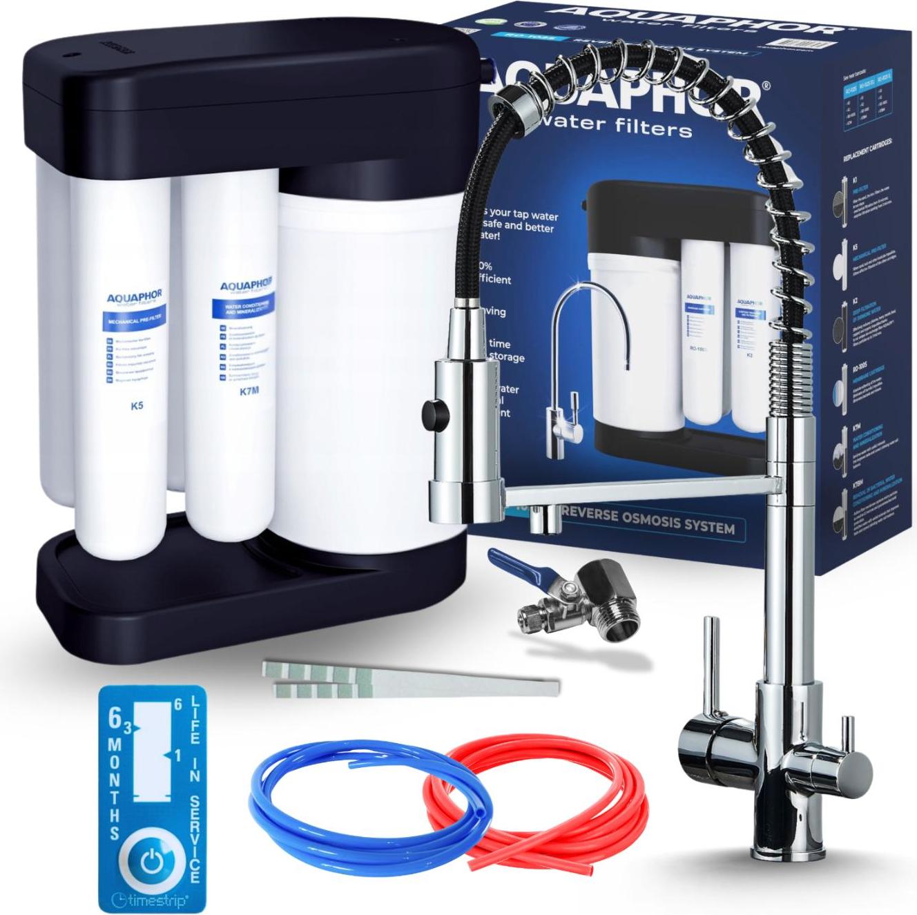Wasserfilter Set Morion mit 3-Wege Küchenarmatur ARI, Umkehrosmose, ausziehbarer Brause, 360° schwenkbar, Chrom