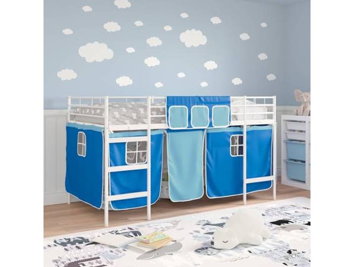 SKTQYQO Loft Kinderbett mit Vorhängen, weiß und blau Metallrahmen, Wand-Kopfteil, atmungsaktives Netz, 205 x 105 x 116 cm