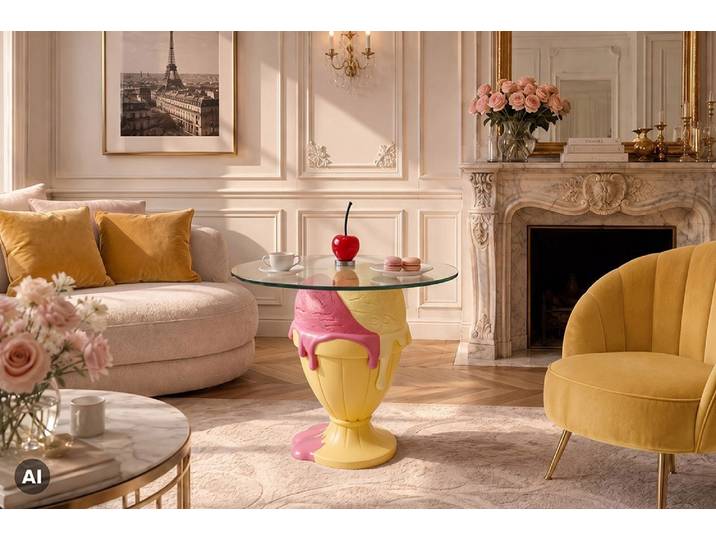 Runder Beistelltisch SWEET SOCIETY 65cm pastell gelb rosa Glasplatte mit abnehmbarer Kirsche Säulentisch Modern & Design