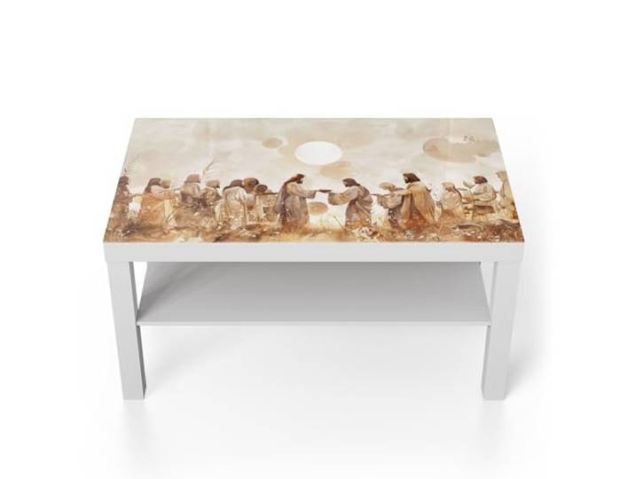 DEQORI Glastisch weiß groß 90x50 cm Motiv Himmlische Versammlung ausgefallener Beistelltisch aus Glas Hochglanz Couchtisch fürs Wohnzimmer moderner Couch Tisch mit Design
