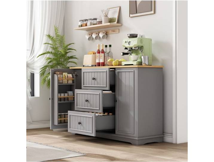 WOVREO Buffet bas 126x40x86 cm gris en MDF avec 3 tiroirs 2 portes et étagères réglables