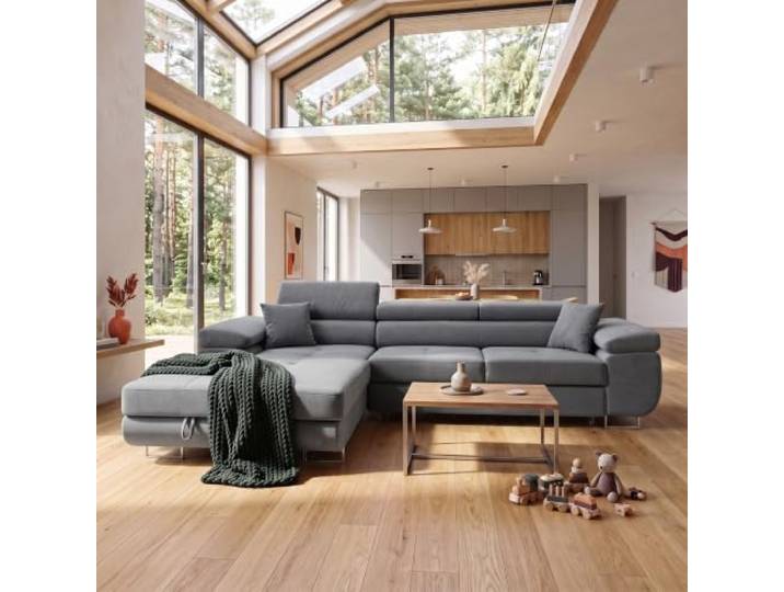 Muffo Ecksofa mit Schlaffunktion und Bettkasten Links Hellgrau freistehendes Sofa, ausziehbar, Sofa mit Stauraum, Ecksofa, verstellbare Kopfstützen, Velvet-Stoff