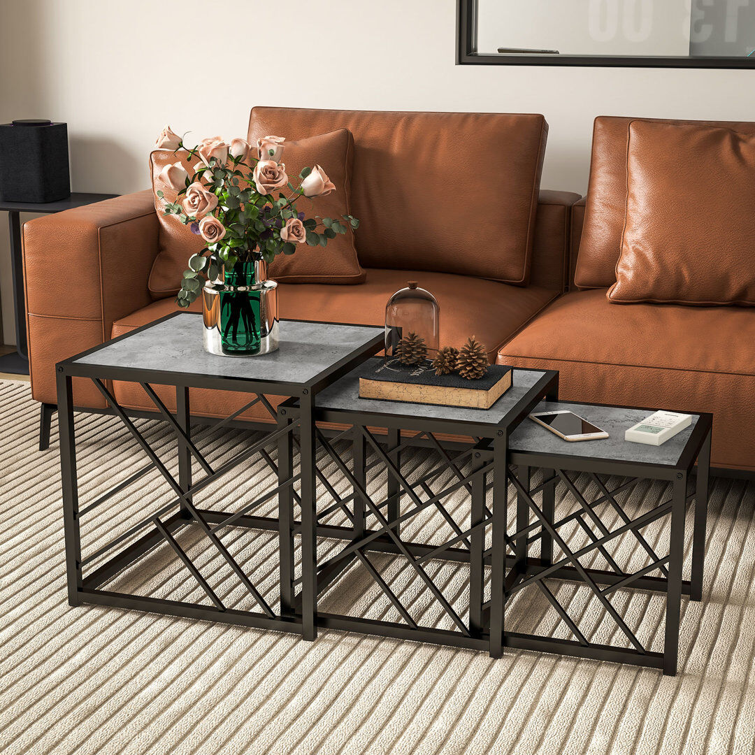 Rio Belfort Set of 3 Nesting Coffee Tables Square End Tables w/ Metal Frame, Grey Black