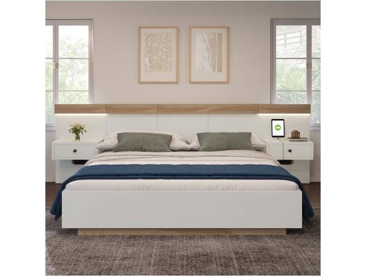 Lit double avec 2 commodes de chevet LED et prise USB C 140 x 200 cm lit en bois incl. 2 tables de chevet --blanc (sans matelas)