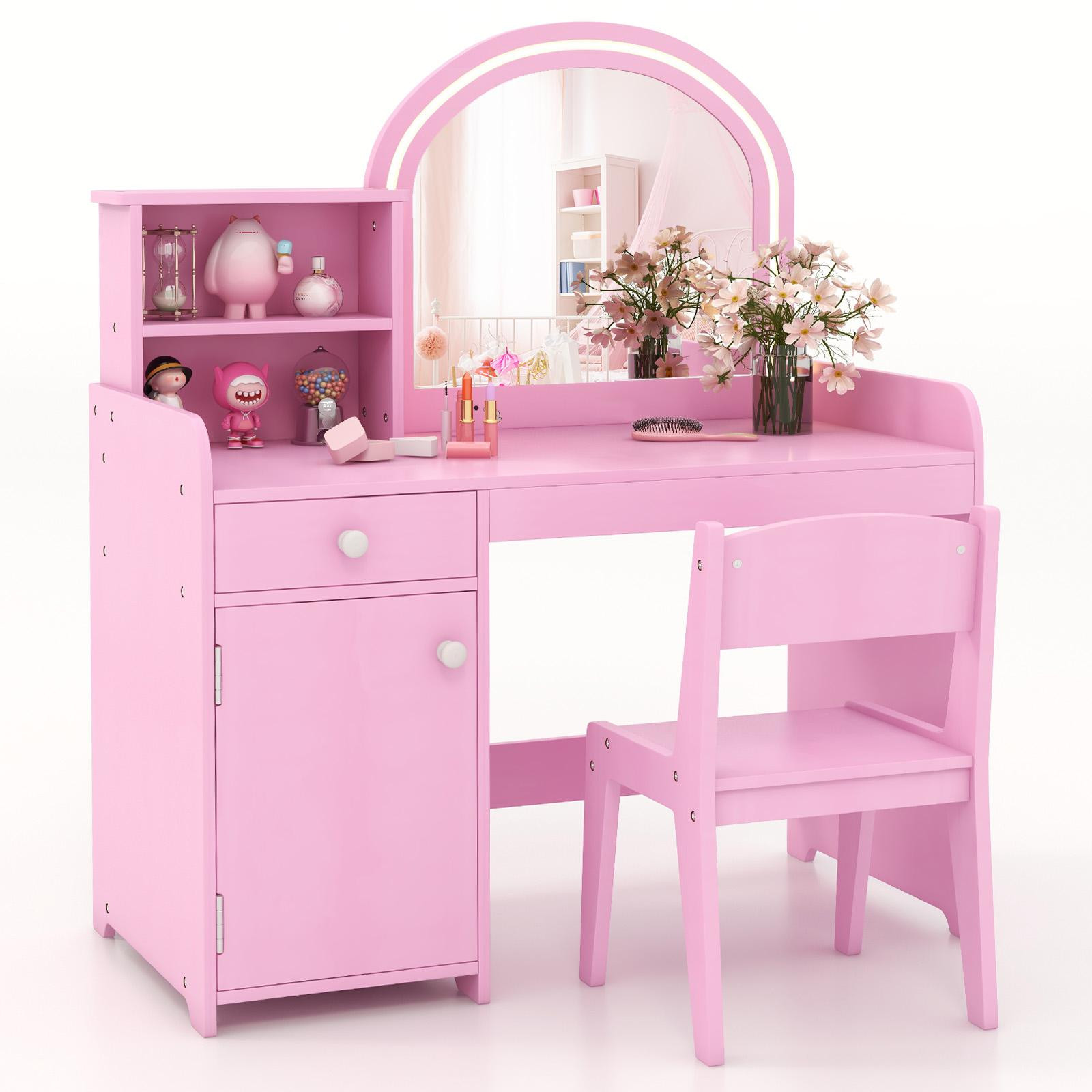 Costway 2-in-1 kindermake-uptafelset met krukje, LED-verlichting, spiegel en lade, roze
