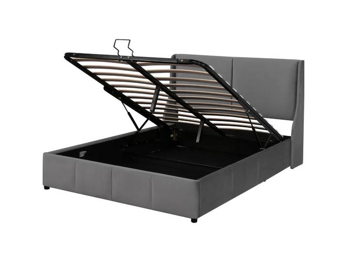 Redom Polsterbett 140/190 cm mit hydraulischem Bettkasten, binaurales Kopfteil, Grau, 140x190 cm, Schlafzimmer, Betten, Polsterbetten