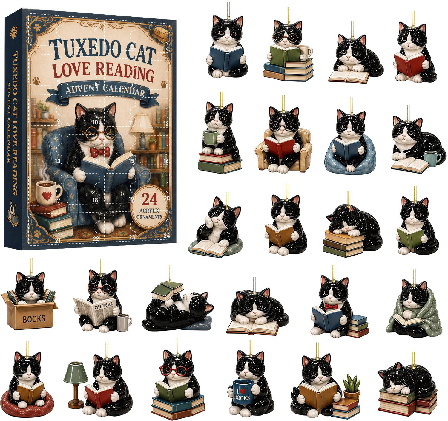 Acrylornament Lezende kat met koeienvlekken – Blind-box adventskalender met 24 dagen voor kerst