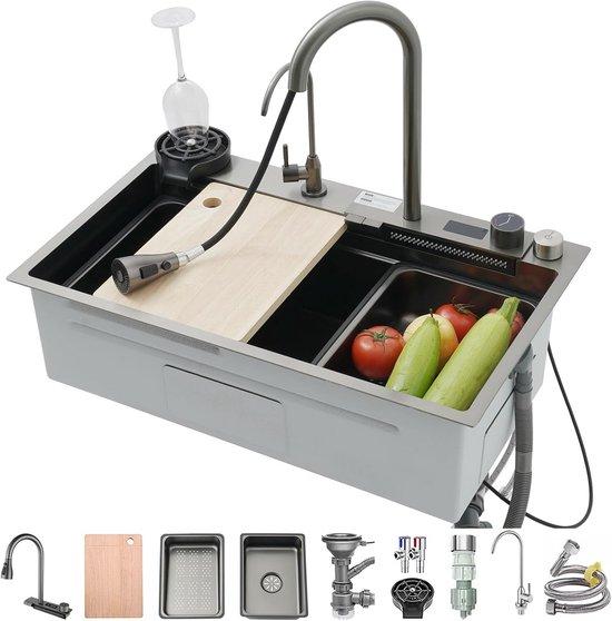Famanu Edelstahl-Spüle Schwarz Multifunktional mit Armatur und Zubehör - 75x46 cm