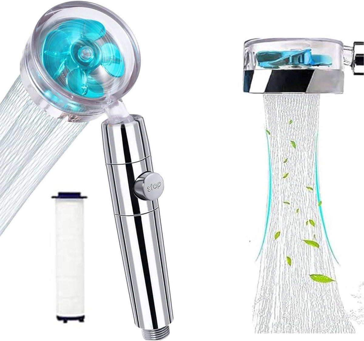 Blauwe waterbesparende handdouche met 3-traps turbo-propeller waterfilter en pauzeschakelaar