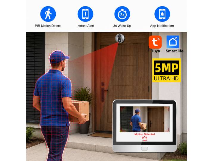 Tuya 5MP Smart Life APP Caméra de visiophone numérique WiFi à batterie avec détection PIR IR, sonnette Magic Eye FHD, système de sécurité domestique compatible Alexa Google, surveillance à distance