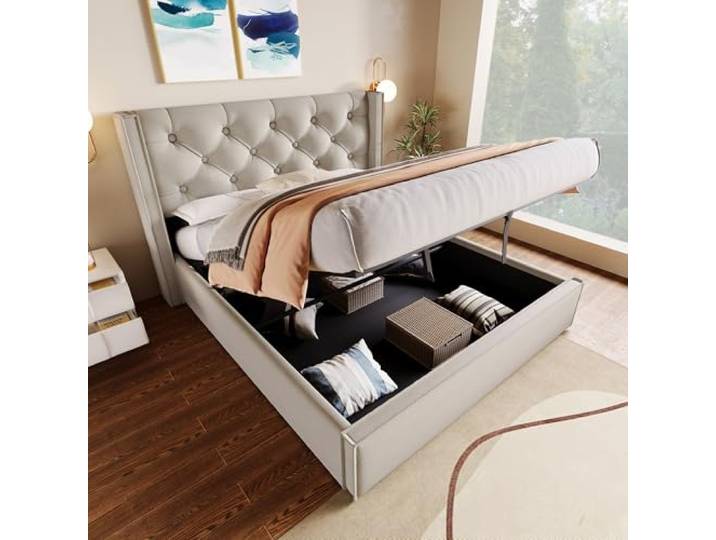 Elaimoros Hydraulisch Doppelbett Polsterbett 160x200cm,Bett mit Lattenrost aus Metallrahmen, Modernes Bettgestell mit Stauraum, Baumwolle, HellGrau