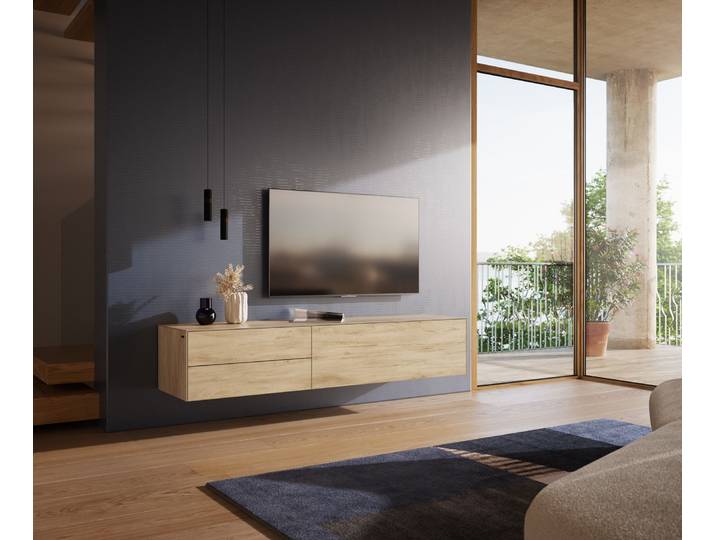 Meuble TV Cuor 180 cm Céramique Laminam® Sabbia Teinte chêne 1 Clapet 2 Tiroirs Flottant
