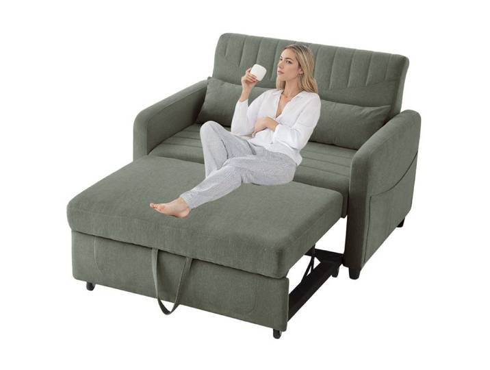 Canapé Lit Convertible 2 Places - Fauteuil-lit - Chaise Longue - Coussin - Réglable - Rangement - Roues - Pliante - Vert Armée