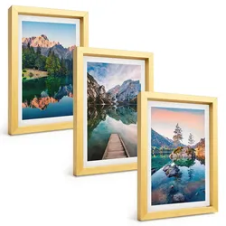 BILDER SET 3er Set - 20x30 cm Goldrahmen - Spiegelung des Waldes in Bergseen