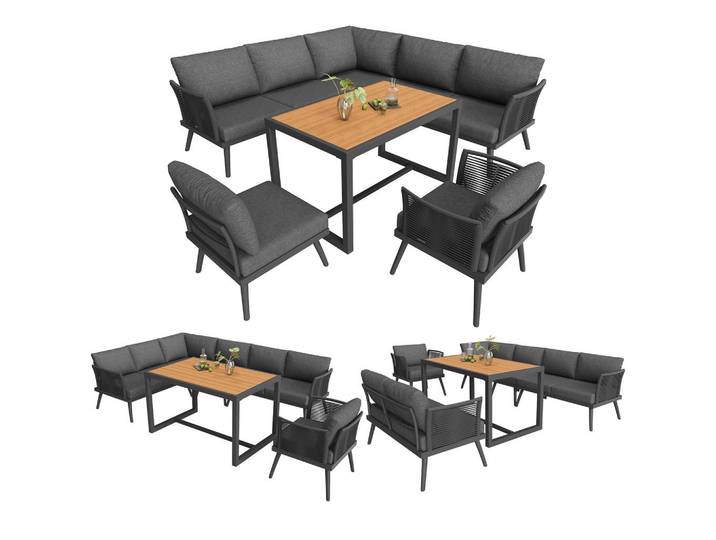 Flieks Gartenset L-Form 7 Personen Grau Inkl. Tisch & Sessel Mit Polstern, Metall, Gartenmöbel, Gartengarnituren, Gartenmöbel-Sets
