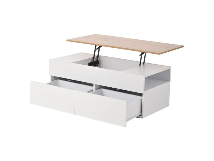 Table basse relevable blanche avec tiroirs et rangements 100x50x40 cm