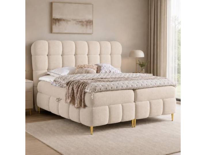 Home Collective Elegantes Polsterbett aus Strukturstoff mit Karosteppung, goldenen Metallfüßen, Stauraum und Taschenfederkern. Doppelbett.