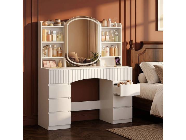 Grande coiffeuse avec éclairage LED et multiprise, coiffeuse avec grand miroir HD, pour chambre à coucher, blanche