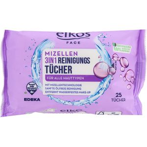 elkos Abschminktücher Face 3in1 Reinigungstücher Mizellen, mit Glycerin, für alle Hauttypen, 25 Stück