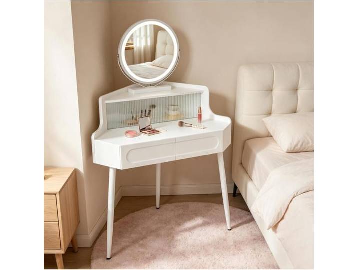Coiffeuse d'angle avec miroir rond dimmable – Blanc – 2 tiroirs
