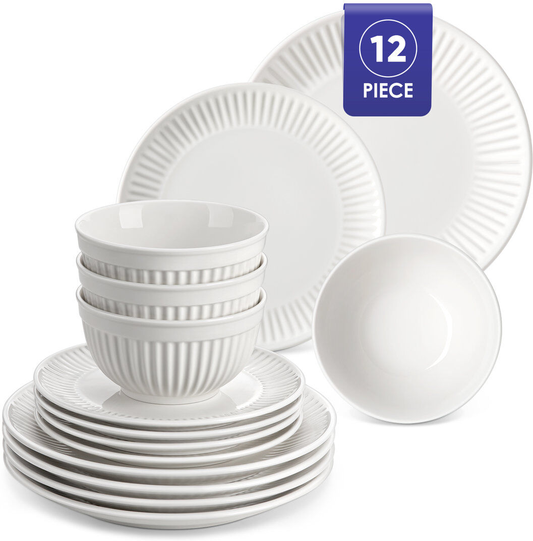 MALACASA 12 Pieces Dinnerware, Round Plate, Dinner Plate, Dessert Plate And Bowl, Serve For 4 Person, White Porcelain, Ceramic Dinnerware White 12