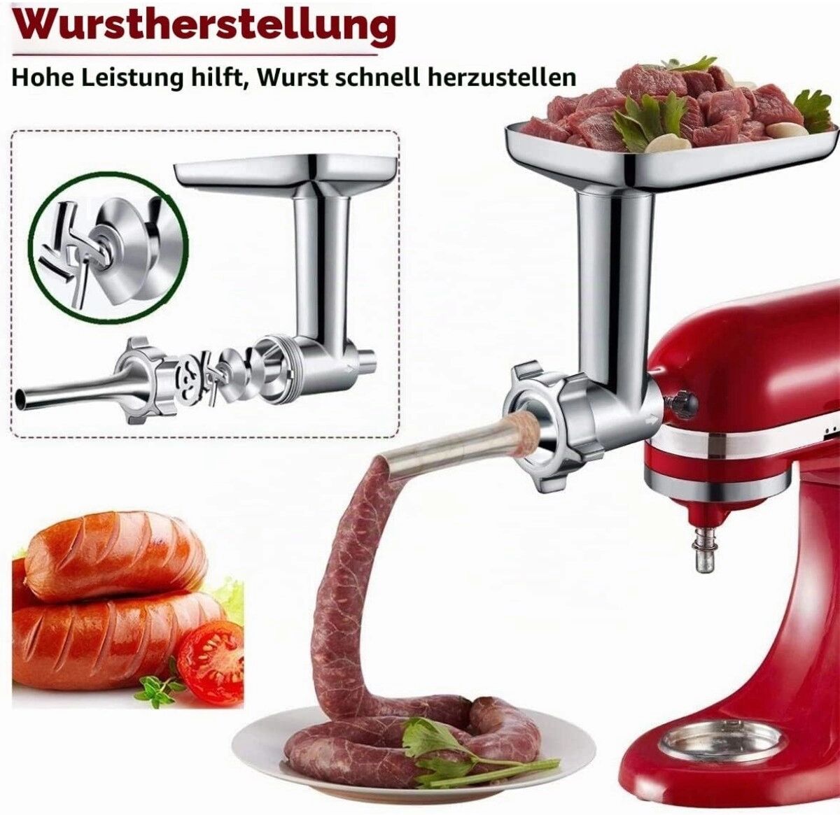 INF Fleischwolf-Aufsatz, kompatibel mit KitchenAid, mit 420-Edelstahl-Platten und Wurstfüller-Set
