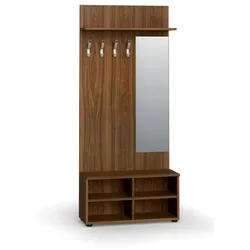 Garderobenwand PRIMO WOOD, Schuhregal + Spiegel, 4 Haken, Ablage, Holzstruktur vertikal, Nussbaum