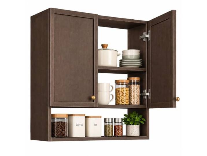 2-Etagen-Wandschrank mit Offener Ablage, Küchen-Aufbewahrungsorganizer Aluminium, Soft-Close-Scharniere, für Kaffeebar, Gewürze, Geschirr, Vorratskammer und Esszimmer(28in/70cm)