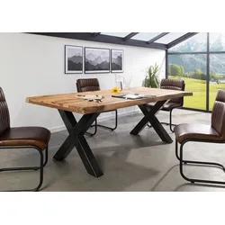 Baumtisch Sheesham 220x100x77 natur sandgestrahlt / X-Beine anthrazit glänzend FREEFORM 5