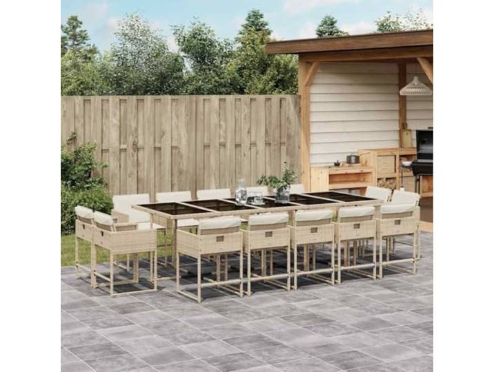 KTHLBRH Gartenmöbel-Set, 15-teilig, mit Kissen, beige Strapazierfähiges Polyrattan, Glastisch, Klappstühle, für die Terrasse