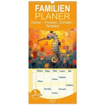 Familienplaner 2027 - Ozean - Flossen, Schalen, Tentakel mit 5 Spalten (Wandkalender, 21 x 45 cm) CALVENDO