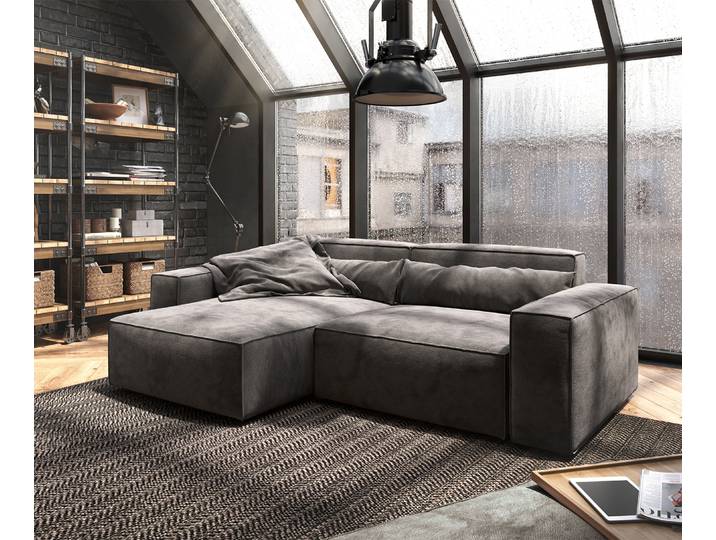 Ecksofa Sirpio 230x155 cm Mikrofaser Khakibraun Recamiere variabel mit Hocker, Ecksofas