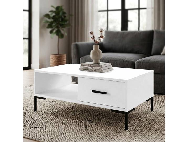 BEAUTYSOFA Couchtisch SELENA 100 cm Weiß mit Schublade und offenem Fach – Moderner Sofatisch mit Metallbeinen, Selbstschließend, Wohnzimmer