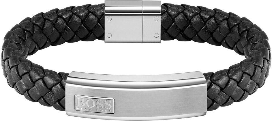 Armband BOSS "Schmuck Edelstahl Armschmuck Lederarmband LANDER" Gr. M, schwarz (edelstahlfarben, schwarz), Armbänder, Damen, M, Edelstahl Leder, Edelstahl, Leder, Armband, mit Zirkonia (synth.) edelstahlfarben, schwarz M, Edelstahl Leder