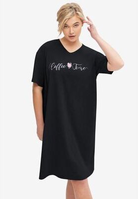 Plus Size Women's Cotton Spanex Jersey V-Neck Short Sleeve Sleepshirt by ellos in Black Coffee Time (Size 14/16)