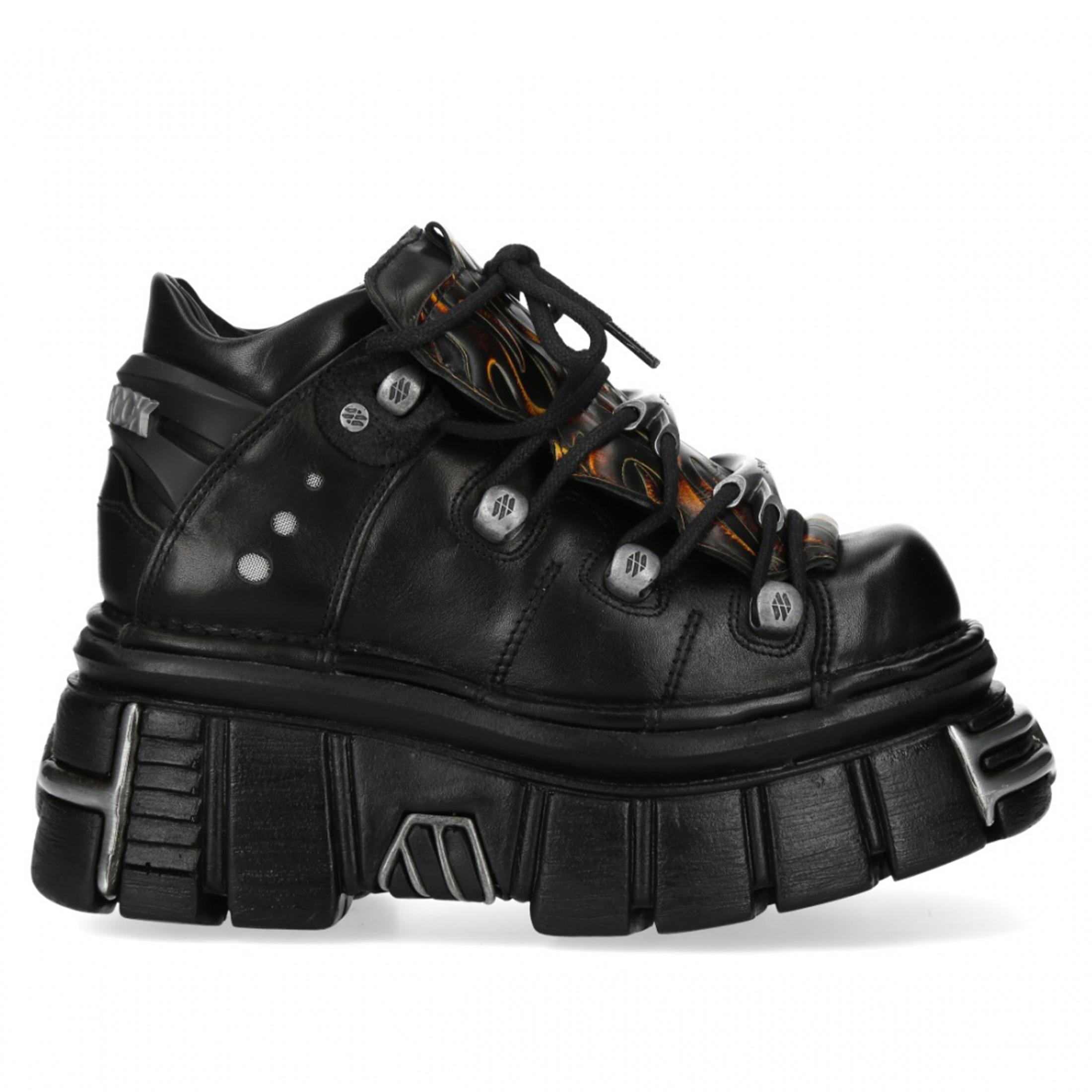 New Rock M-106N-C86 Zwarte Vlammen Leren Gothic Enkel Plateau Laarzen