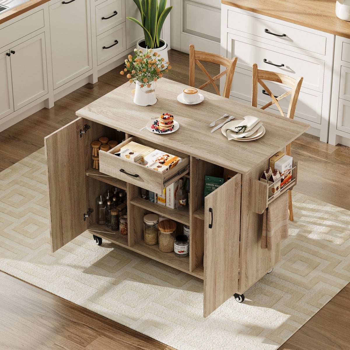 Mivray Keukeneiland Mobiele Keukenwagen met Klapbaar Werkblad en Lade in Sonoma Eiken, B/D/H: 120 x 43,5 x 92,9 cm