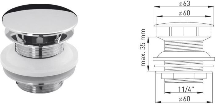 ASW Design-Schaftventil 107503 ohne Überlauf,  1 1/4" x Ø 60 mm, mit Haube, Schaftlänge 50 mm
