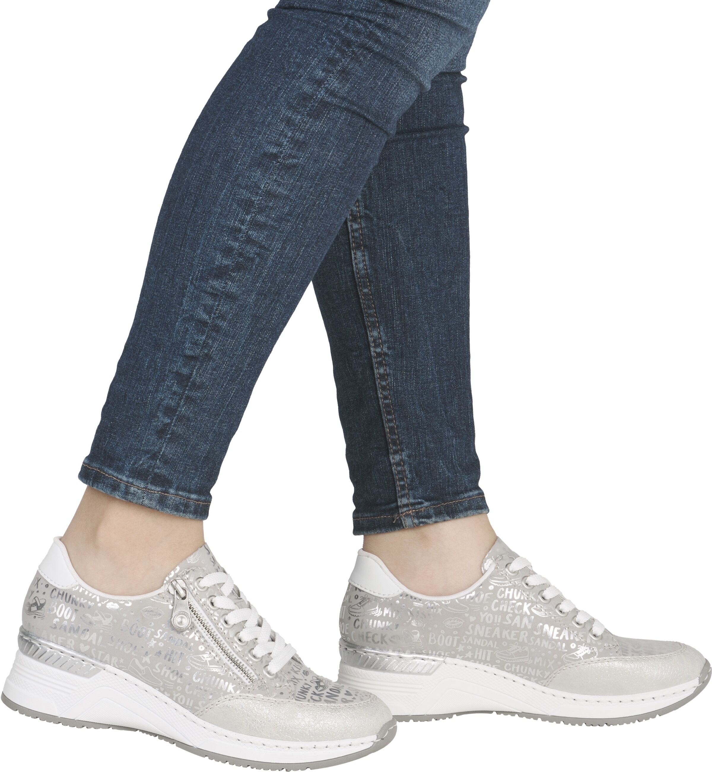Sneaker RIEKER, Damen, Gr. 38, Textil, silber (silberfarben, metallic), Lederimitat, metallic, Schuhe Sneaker, mit Lettern bedruckt, Freizeitschuh, Halbschuh, Schnürschuh silberfarben, metallic 38, Textil