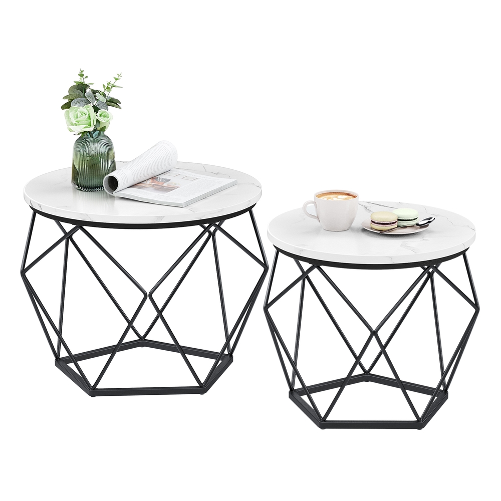 VASAGLE Couchtisch rund 2er Set modern marmorweiß-tintenschwarz LCT041W59