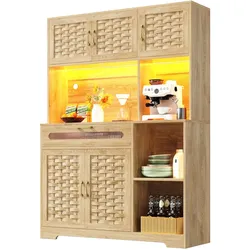 OKWISH Hochschrank Vitrine 120x40x180 cm mit LED-Beleuchtung, Glasfronten, USB- und Type-C-Anschlüssen, höhenverstellbaren Böden, Natur