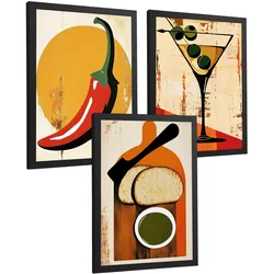 POSTER 3er Set Küchen-Wandbilder Vintage Chili Martini und Brot Olivenöl Retro Esszimmer Bar Deko Schwarzer Rahmen A3
