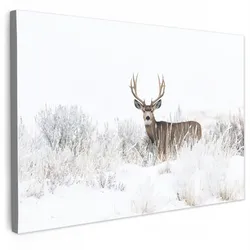 LEINWANDBILD Hirsche - Winter - Schnee - Tiere - Jahreszeiten - Weiß Wanddeko 90x60 cm