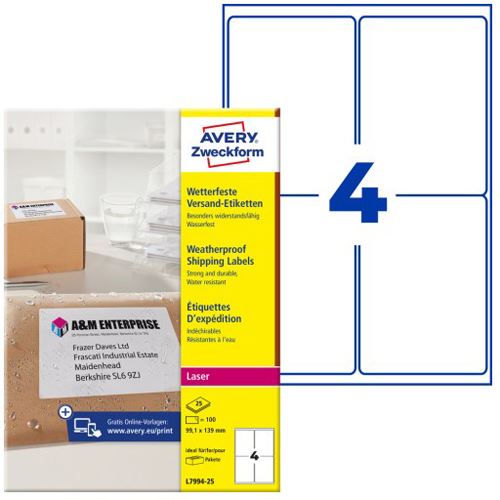 AVERY Zweckform 100 Folien-Versandetiketten L7994-25 weiß 99,1 x 139,0 mm