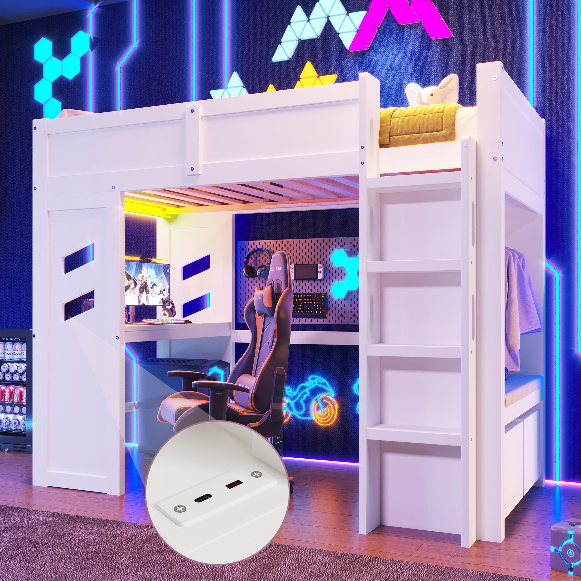 Merax Etagenbett Hochbett 90x200cm, Gaming Bett Kinderbett mit Hoher Zaun, Schreibtisch, LED, USB, Typ-C, Schubladen, Kleiderständer, Stockbett, Weiß