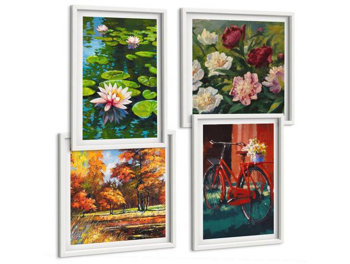 BILDER SET 4er Set - 50x50 cm & 40x60 cm Weißer Rahmen - Herbstfarben Seerosenteich